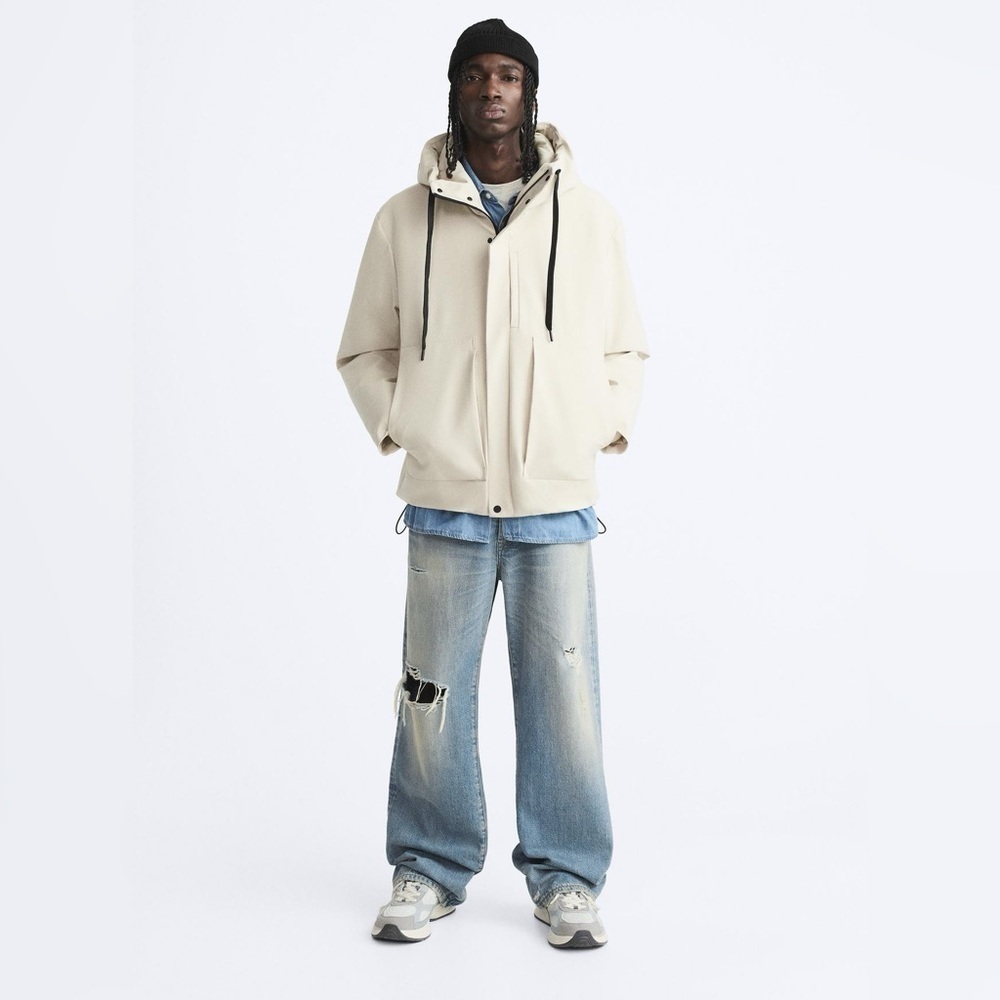 ZARA Oversized Technical Hooded Jacket Beige Size L Drawstring Utility Coat